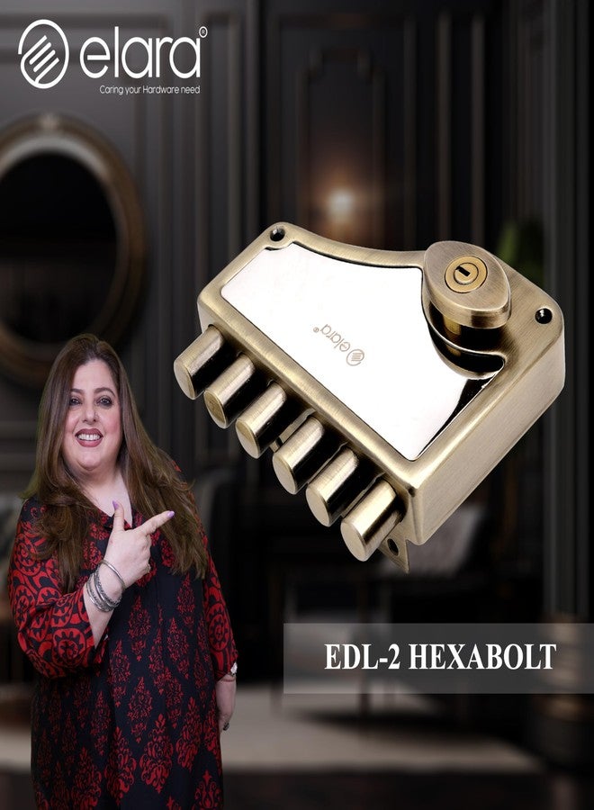 إلارا قفل باب Elara Deadbolt Hexabolt 2CK للباب الرئيسي، قفل مزلاج، قفل باب داخلي الفتح مع 4 مفاتيح نحاسية قابلة للعكس (عتيق، EDL-02، Hexabolt، مفتاح فائق) - Image 2